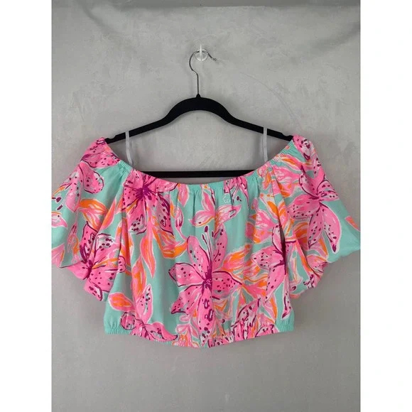 Lilly Pulitzer Esmeray Crop Top Bonita Blooms Pink Blue Off Shoulder NWT L - Picture 5 of 8